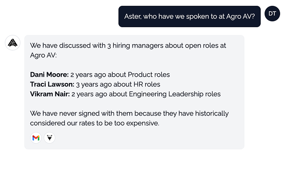 Chat interface with Aster showing a conversation about contacts at Agro AV, displaying detailed information about past conversations with hiring managers and source citations